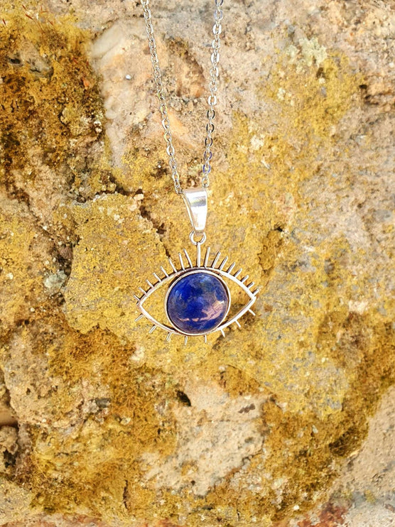 Silver Eye of Protection Necklace / Lapis Lazuli / Third Eye / Hypoallergenic / Brass / Boho / Inca / Ethnic / Hypoallergenic / Illuminati