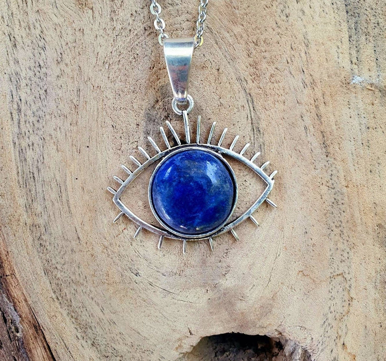 Silver Eye of Protection Necklace / Lapis Lazuli / Third Eye / Hypoallergenic / Brass / Boho / Inca / Ethnic / Hypoallergenic / Illuminati