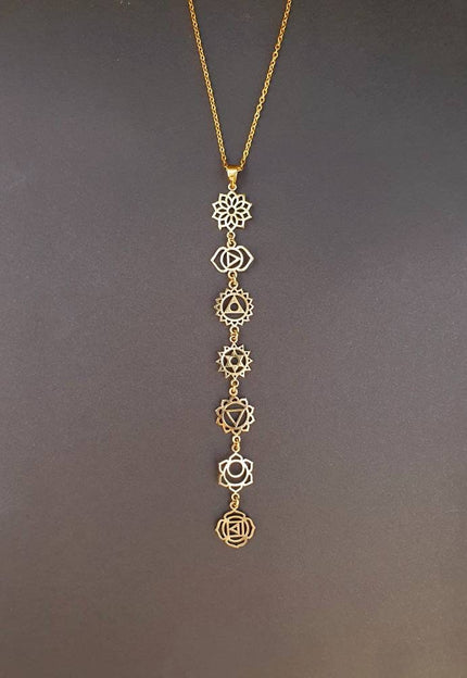 Gold Seven 7 Chakras Necklace / Hypoallergenic / Brass / Yoga / Reiki / Boho / Hippie / Rustic / Ethnic / Crystals / Third Eye / Illuminati