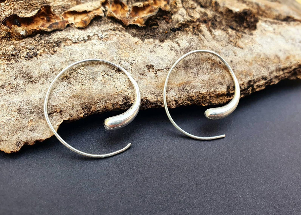 Minimalist Silver Spiral Hoop Earrings; Ethnic, Geometric, Small, Rustic, Yoga, Hippie, Gypsy, Pretty, Ssy, Boho, Bohemian, Festival