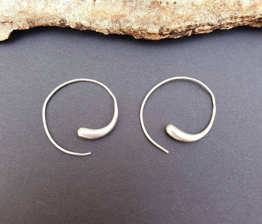 Minimalist Silver Spiral Hoop Earrings; Ethnic, Geometric, Small, Rustic, Yoga, Hippie, Gypsy, Pretty, Ssy, Boho, Bohemian, Festival