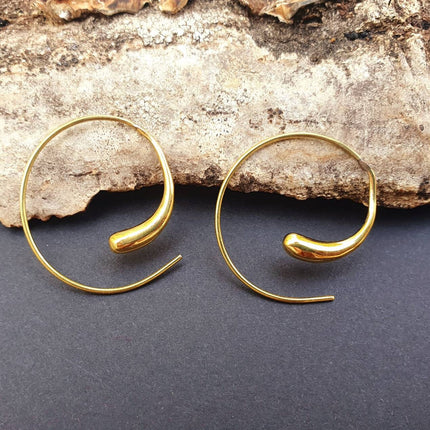 Minimalist Golden Spiral Hoop Earrings; Ethnic, Geometric, Small, Rustic, Yoga, Hippie, Gypsy, Pretty, Ssy, Boho, Bohemian, Festival