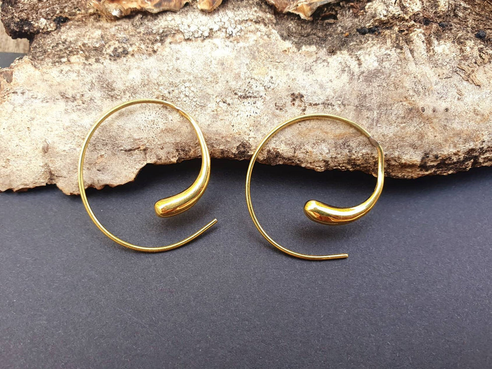 Minimalist Golden Spiral Hoop Earrings; Ethnic, Geometric, Small, Rustic, Yoga, Hippie, Gypsy, Pretty, Ssy, Boho, Bohemian, Festival