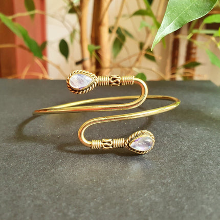 Spiral Boho Bracelet / Bangle / Moonstone / Brass / Arm Bracelet / Ethnic / Rustic / Bohemian / Hippie / Gypsy / Psy / Adjustable