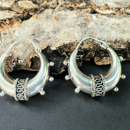 Chunky Silver Bali Hoop Earrings / Ethnic / Rustic / Bohemian / Gypsy / Spiral / Hippie / Chunky / Festival / style