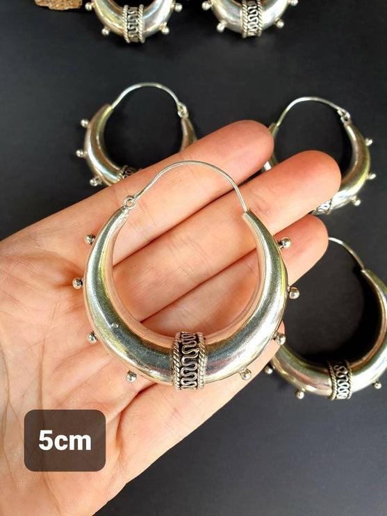 Chunky Silver Bali Hoop Earrings / Ethnic / Rustic / Bohemian / Gypsy / Spiral / Hippie / Chunky / Festival / style