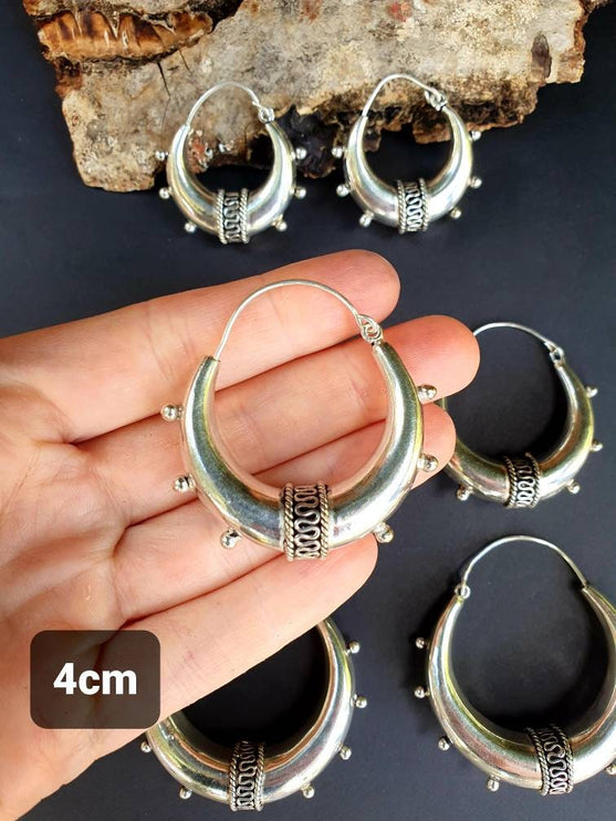 Chunky Silver Bali Hoop Earrings / Ethnic / Rustic / Bohemian / Gypsy / Spiral / Hippie / Chunky / Festival / style