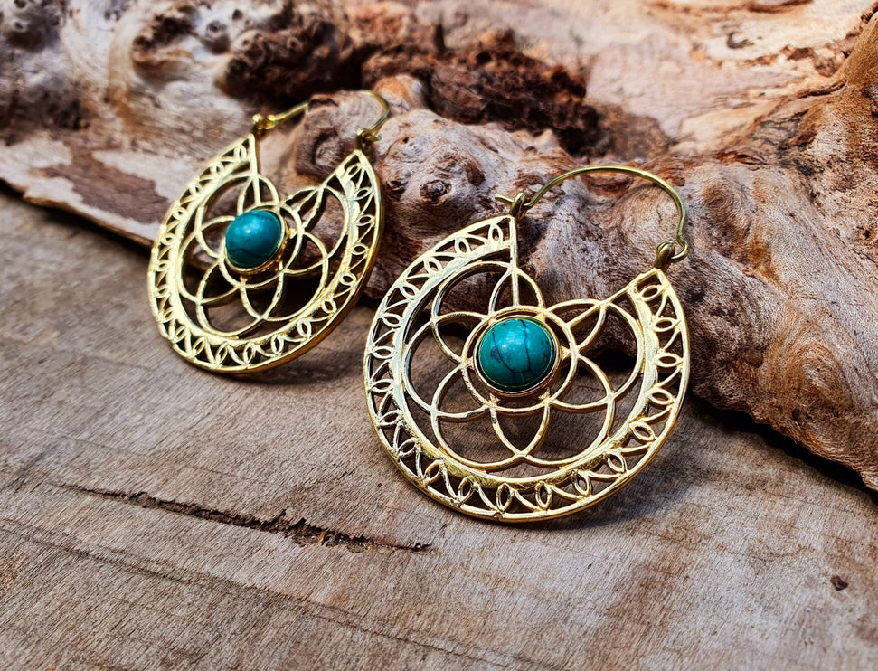 Golden Ethnic Turquoise Earrings Ethnic, rustic, yoga, hippie, gypsy, pretty, psy, boho, bohemian, festival