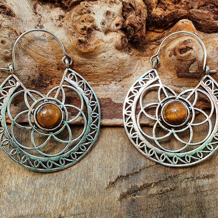 Tiger Eye & Silver Hoop Earrings Ethnic, rustic, yoga, hippie, gypsy, pretty, psy, boho, bohemian, festival