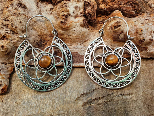 Tiger Eye & Silver Hoop Earrings Ethnic, rustic, yoga, hippie, gypsy, pretty, psy, boho, bohemian, festival