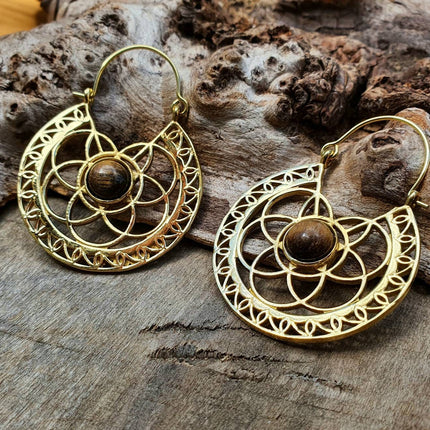 Tiger Eye & Brass Hoop Earrings Ethnic, rustic, yoga, hippie, gypsy, pretty, psy, boho, bohemian, festival