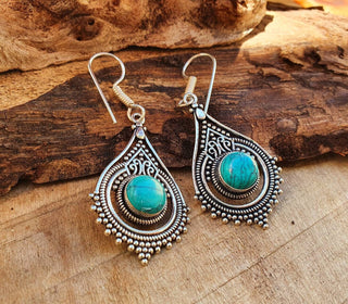 Turquoise Silver Drop Dangle earrings / Birth Stone / Ethnic / rustic, yoga, hippie, gypsy, pretty, psy, boho, bohemian, festival