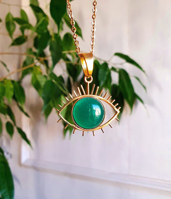 Golden Evil Eye Necklace / Green Onyx / Stainless Steel Chain / Stone / Ethnic / Hypoallergenic / Third Eye / Illuminati