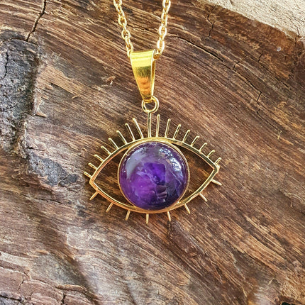 Gold Eye of Protection Necklace / Amethyst / Third Eye / Hypoallergenic / Brass / Boho / Inca / Ethnic / Hypoallergenic / Illuminati