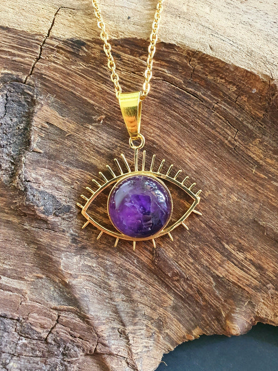 Gold Eye of Protection Necklace / Amethyst / Third Eye / Hypoallergenic / Brass / Boho / Inca / Ethnic / Hypoallergenic / Illuminati