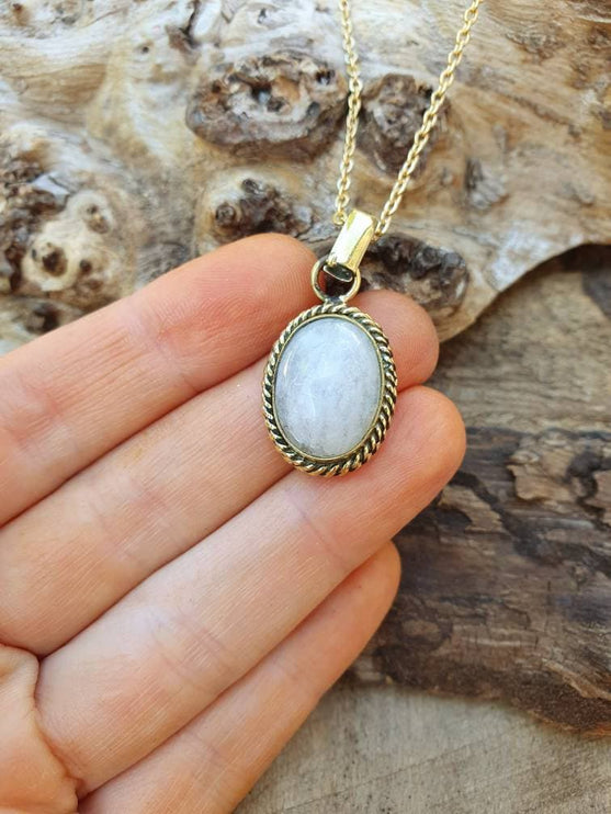 Moonstone Pendant Necklace Gold Chain / Brass / Ethnic / Hypoallergenic / Hippie / Gypsy / Rustic