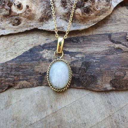 Moonstone Pendant Necklace Gold Chain / Brass / Ethnic / Hypoallergenic / Hippie / Gypsy / Rustic