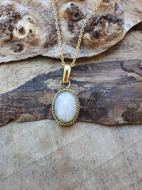 Moonstone Pendant Necklace Gold Chain / Brass / Ethnic / Hypoallergenic / Hippie / Gypsy / Rustic