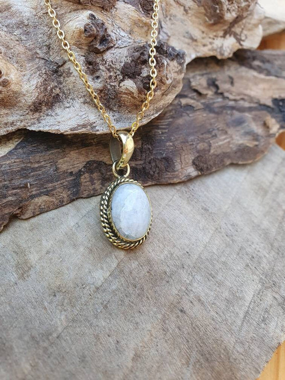 Moonstone Pendant Necklace Gold Chain / Brass / Ethnic / Hypoallergenic / Hippie / Gypsy / Rustic