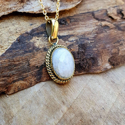 Moonstone Pendant Necklace Gold Chain / Brass / Ethnic / Hypoallergenic / Hippie / Gypsy / Rustic