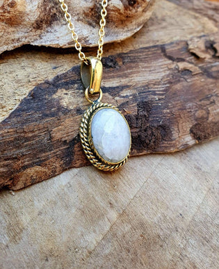 Moonstone Pendant Necklace Gold Chain / Brass / Ethnic / Hypoallergenic / Hippie / Gypsy / Rustic