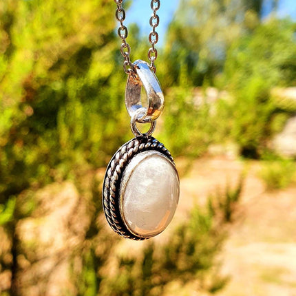 Moonstone Pendant Necklace Silver Chain / Stainless Steel / Ethnic / Hypoallergenic / Hippie / Gypsy / Rustic