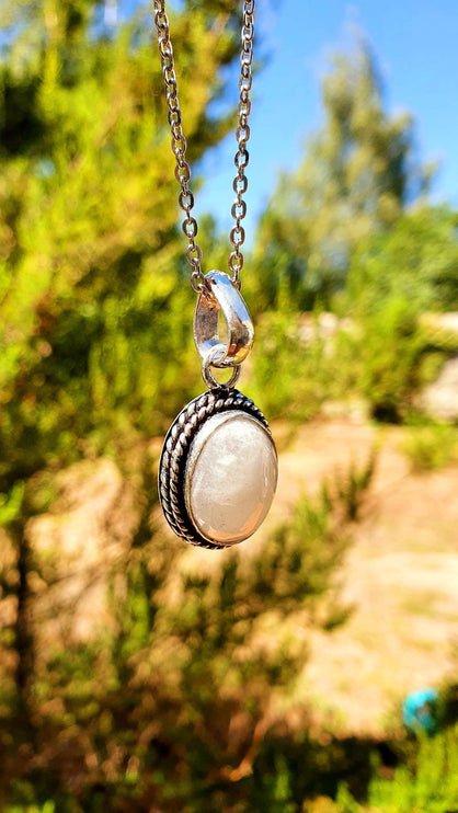 Moonstone Pendant Necklace Silver Chain / Stainless Steel / Ethnic / Hypoallergenic / Hippie / Gypsy / Rustic