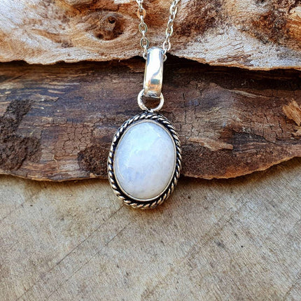 Moonstone Pendant Necklace Silver Chain / Stainless Steel / Ethnic / Hypoallergenic / Hippie / Gypsy / Rustic