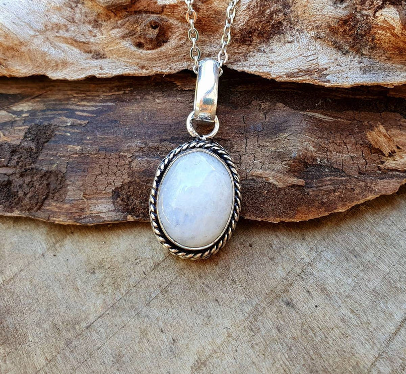 Moonstone Pendant Necklace Silver Chain / Stainless Steel / Ethnic / Hypoallergenic / Hippie / Gypsy / Rustic