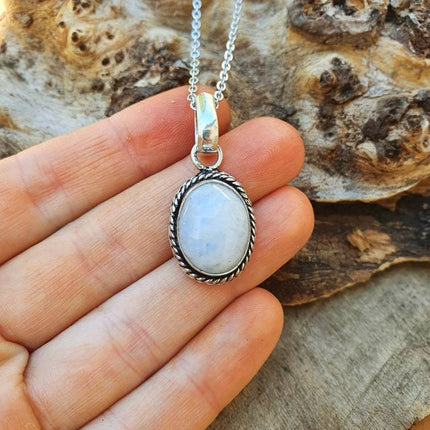 Moonstone Pendant Necklace Silver Chain / Stainless Steel / Ethnic / Hypoallergenic / Hippie / Gypsy / Rustic