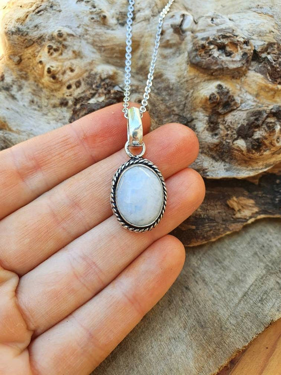 Moonstone Pendant Necklace Silver Chain / Stainless Steel / Ethnic / Hypoallergenic / Hippie / Gypsy / Rustic