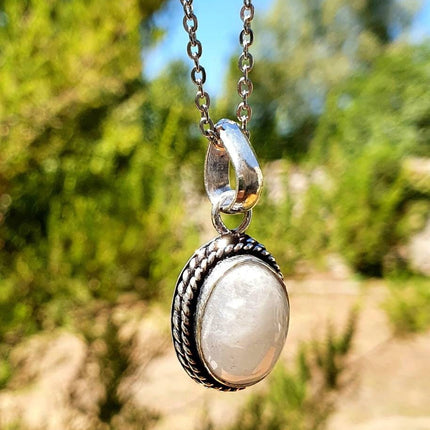 Moonstone Pendant Necklace Silver Chain / Stainless Steel / Ethnic / Hypoallergenic / Hippie / Gypsy / Rustic