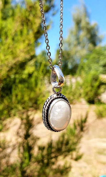 Moonstone Pendant Necklace Silver Chain / Stainless Steel / Ethnic / Hypoallergenic / Hippie / Gypsy / Rustic