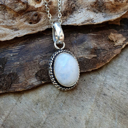 Moonstone Pendant Necklace Silver Chain / Stainless Steel / Ethnic / Hypoallergenic / Hippie / Gypsy / Rustic