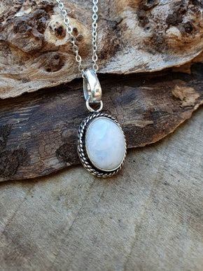 Moonstone Pendant Necklace Silver Chain / Stainless Steel / Ethnic / Hypoallergenic / Hippie / Gypsy / Rustic