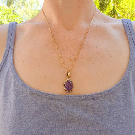 Amethyst Pendant Necklace Gold Chain / Brass / Purple Stone / Ethnic / Hypoallergenic / Hippie / Gypsy / Rustic