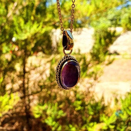 Amethyst Pendant Necklace Gold Chain / Brass / Purple Stone / Ethnic / Hypoallergenic / Hippie / Gypsy / Rustic