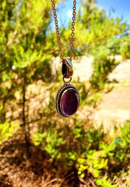 Amethyst Pendant Necklace Gold Chain / Brass / Purple Stone / Ethnic / Hypoallergenic / Hippie / Gypsy / Rustic