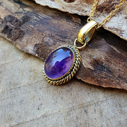 Amethyst Pendant Necklace Gold Chain / Brass / Purple Stone / Ethnic / Hypoallergenic / Hippie / Gypsy / Rustic