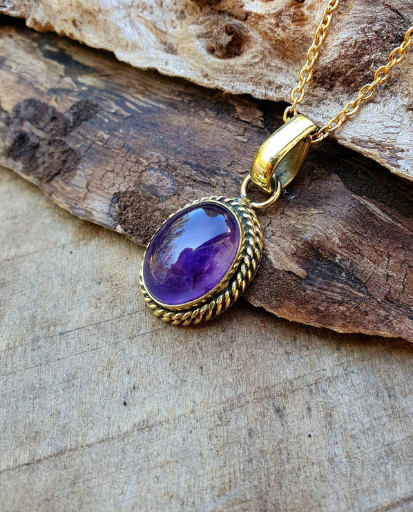 Amethyst Pendant Necklace Gold Chain / Brass / Purple Stone / Ethnic / Hypoallergenic / Hippie / Gypsy / Rustic