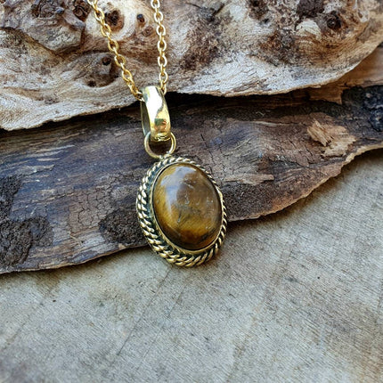 Tiger Eye Pendant Necklace Gold Chain / Brass / Purple Stone / Ethnic / Hypoallergenic / Hippie / Gypsy / Rustic