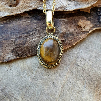 Tiger Eye Pendant Necklace Gold Chain / Brass / Purple Stone / Ethnic / Hypoallergenic / Hippie / Gypsy / Rustic