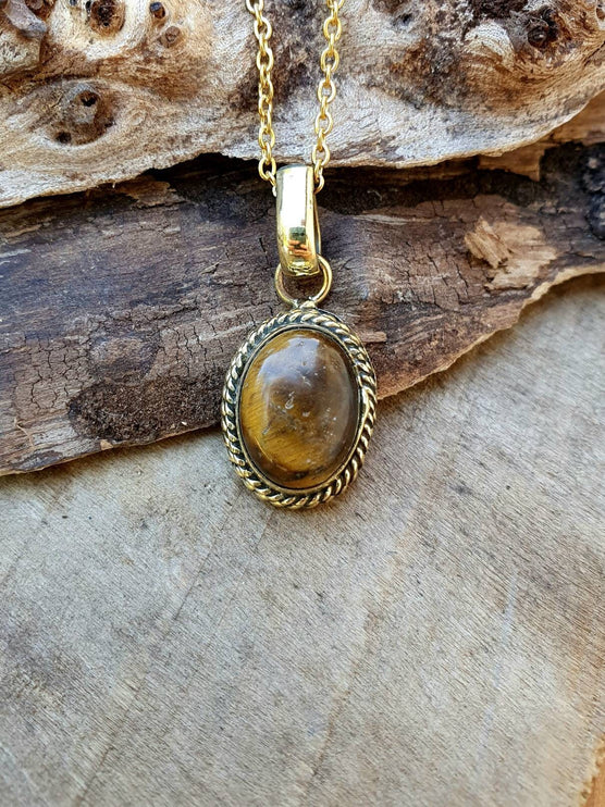 Tiger Eye Pendant Necklace Gold Chain / Brass / Purple Stone / Ethnic / Hypoallergenic / Hippie / Gypsy / Rustic