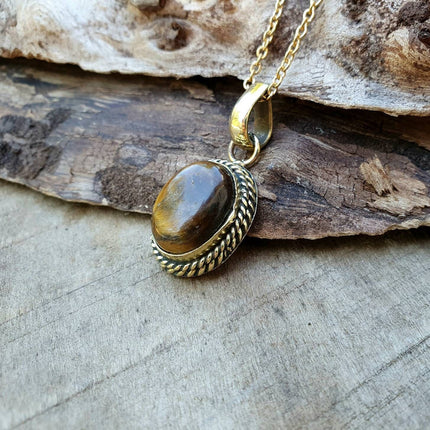 Tiger Eye Pendant Necklace Gold Chain / Brass / Purple Stone / Ethnic / Hypoallergenic / Hippie / Gypsy / Rustic