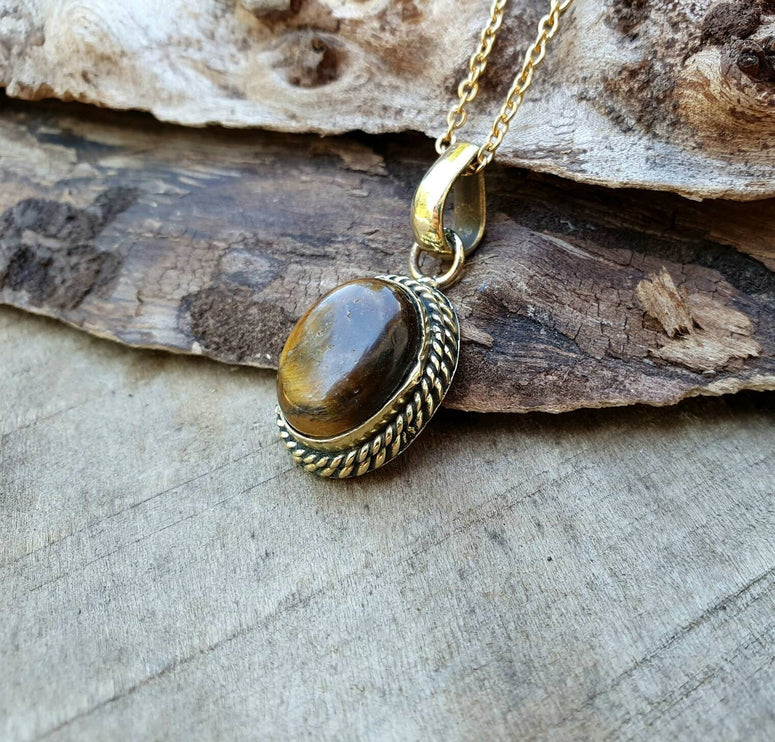 Tiger Eye Pendant Necklace Gold Chain / Brass / Purple Stone / Ethnic / Hypoallergenic / Hippie / Gypsy / Rustic