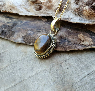 Chunky Boho Tiger Eye Pendant Necklace Stainless Steel Chain, Bohemian Gift for Her