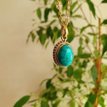 Turquoise Gold Necklace / Brass / Ethnic / Hypoallergenic / Hippie / Gypsy / Rustic / Stainless steel