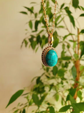 Turquoise Gold Necklace / Brass / Ethnic / Hypoallergenic / Hippie / Gypsy / Rustic / Stainless steel