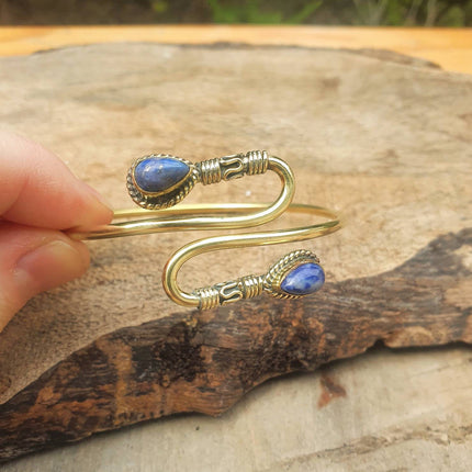 Golden Lapis Lazuli Bracelet / Spiral Boho Bangle / Ethnic / Rustic / Bohemian / Hippie / Gypsy / Psy / Adjustable