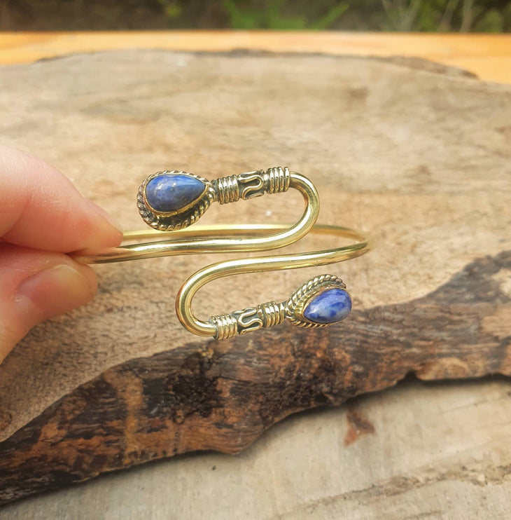 Golden Lapis Lazuli Bracelet / Spiral Boho Bangle / Ethnic / Rustic / Bohemian / Hippie / Gypsy / Psy / Adjustable